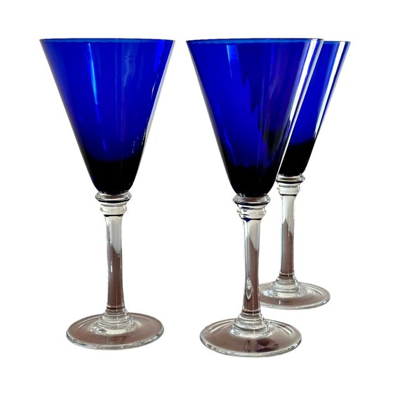 3 Eastern Handmade Cobalt Blue Ribbed Champagne Wine Glasses Stemware 9.5 Inch - Picture 3 of 8